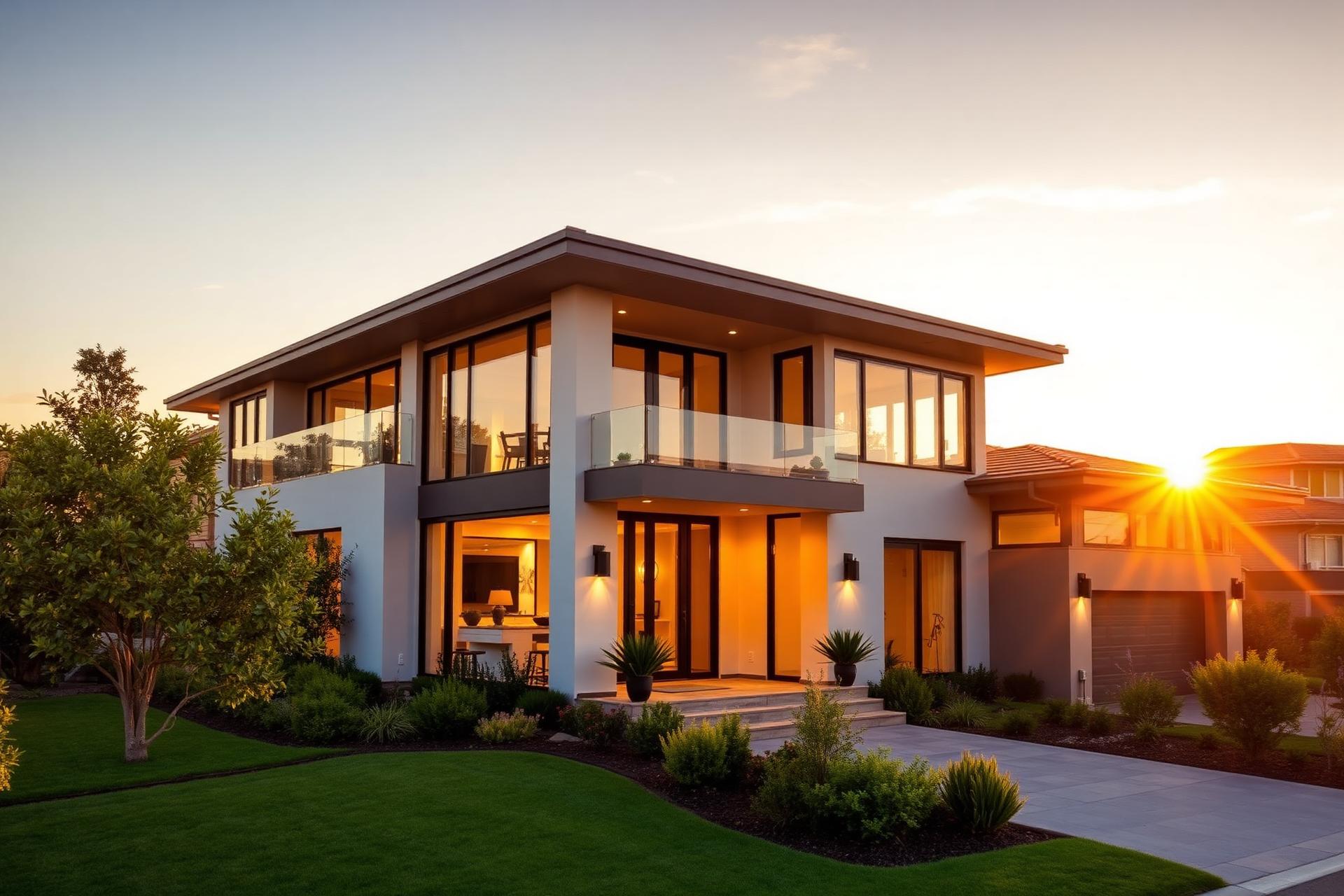 Modern luxury Airbnb home at sunset